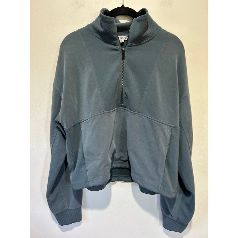 Athleta blue quarter zip sweatshirt womens M pockets super soft *small stain* - Picture 2 of 10